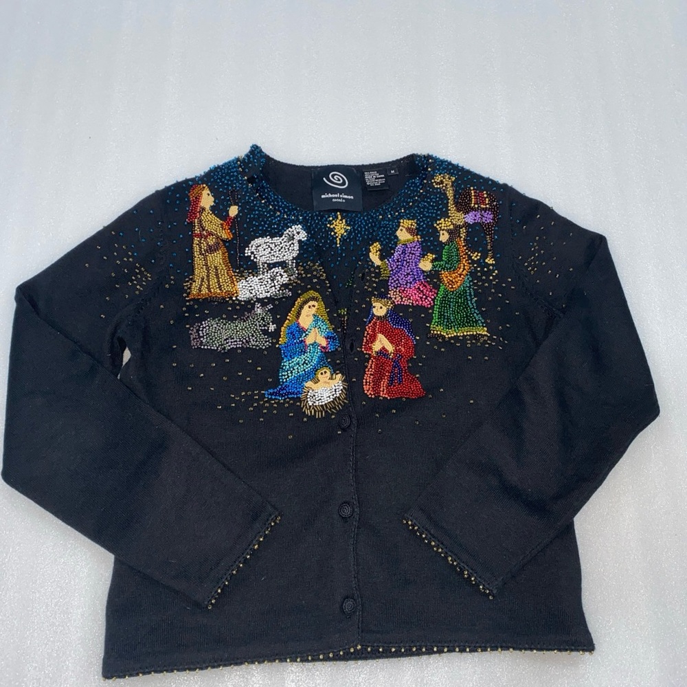 Michael Simon Vintage Christmas Sweater Set Nativity Manger Jesus Size Small/Med
